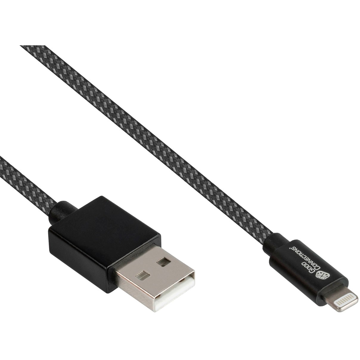GoodConnections USB-A 2.0 > Lightning (ST-ST) 0,5m Ladekabel Textilmantel 12W Schwarz